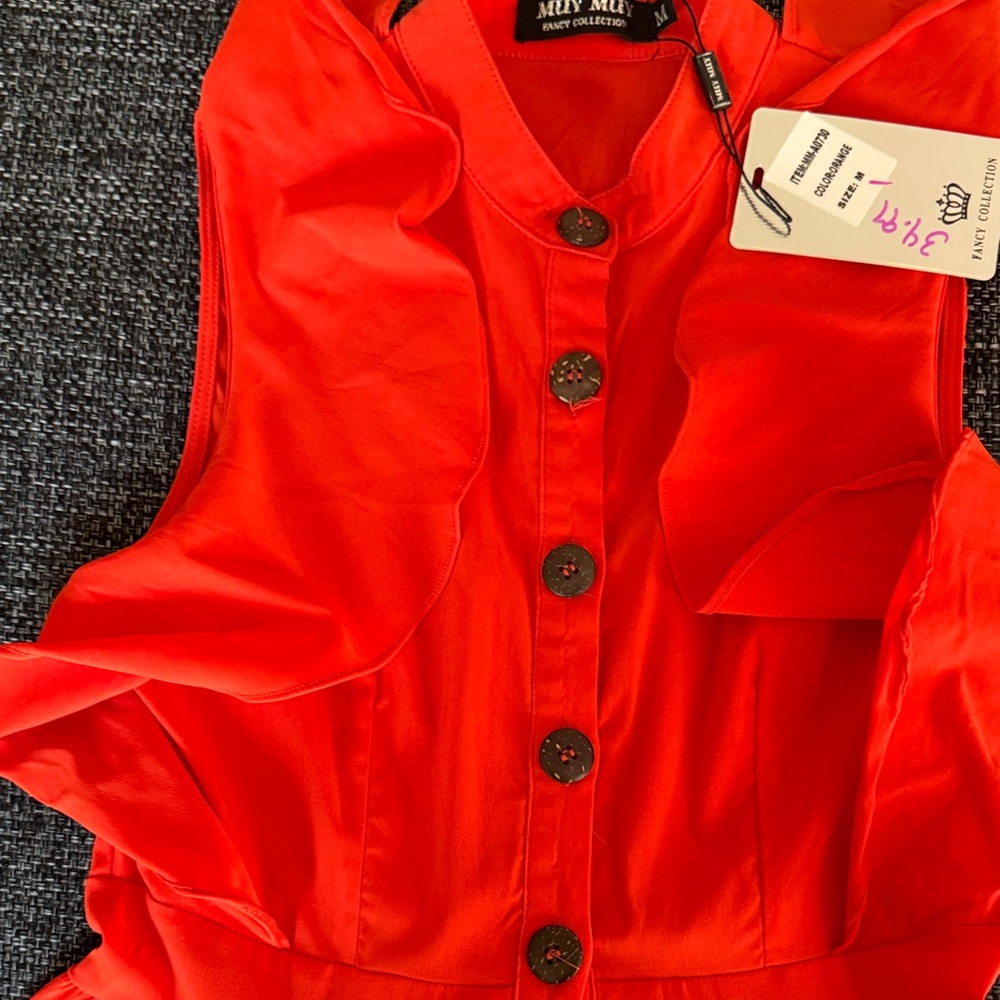 Bright Red/Orange Women’s Button-Front Ruffle Dress - Picture 4 of 5